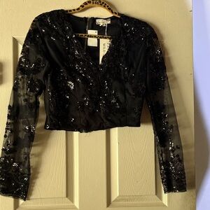 Black Sequin V-Neck Crop Top lace net blouse